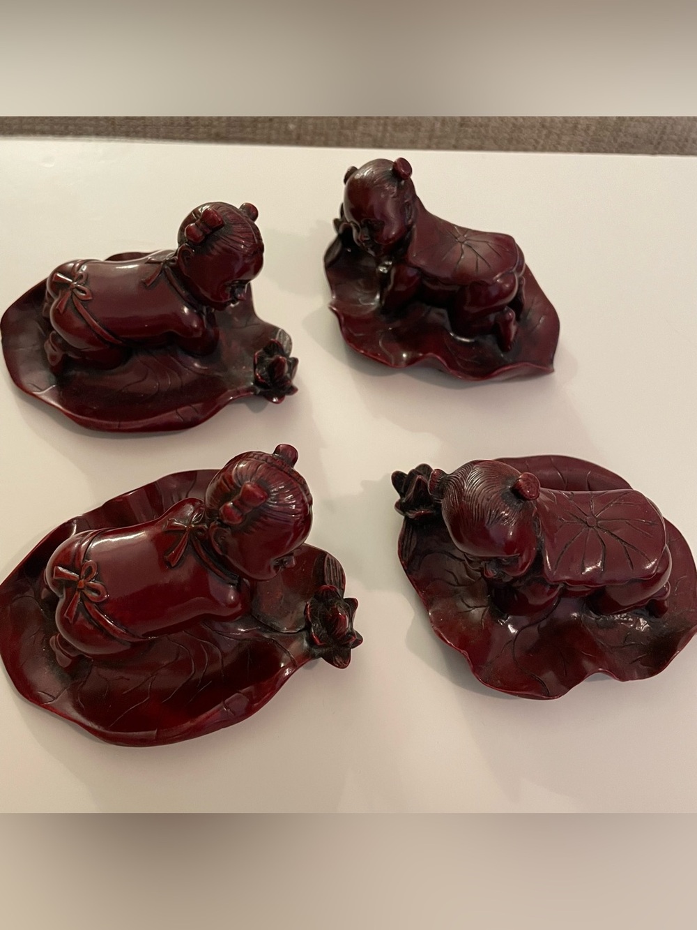 4 Hand Carved Chinese‎ Cinnabar Babies On Lillypads Figurines